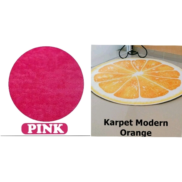 Karpet Bulat Motif Jeruk & Bulu Pink