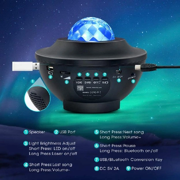 Lampu Proyektor Bintang Langit Malam dengan Speaker 2-in-1 / Lampu Nebula Galaxy / Lampu Proyektor