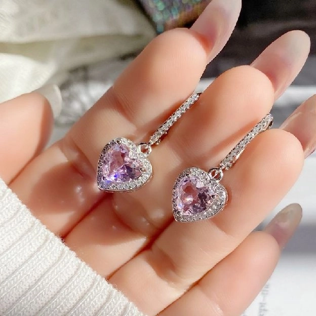 Anting Tusuk Sterling Silver 925 Desain Hati Hias Cubic Zirconia Pink Untuk Wanita