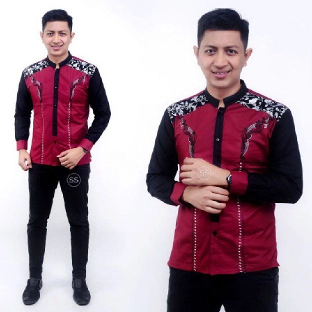 Baju muslim pria modern motif batik kombinasi bordir 