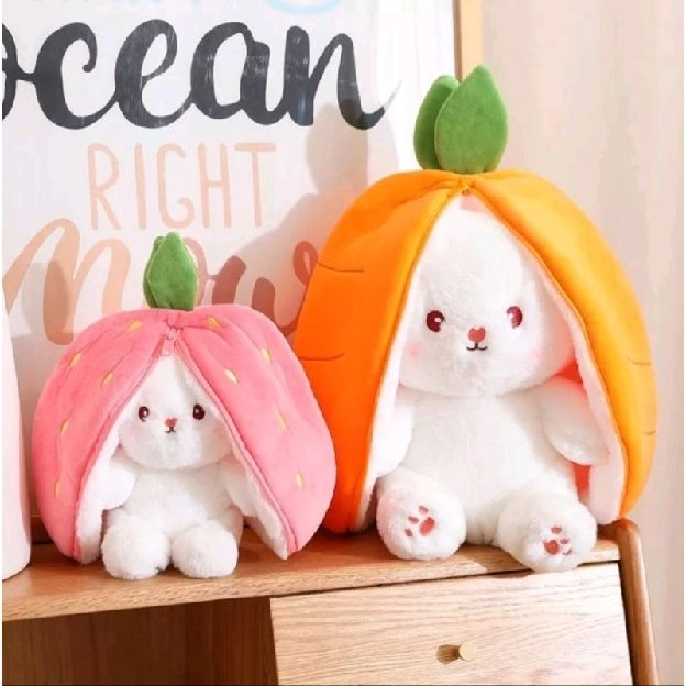 Boneka Kelinci Strawberry wortel mainan flip lucu mewah telinga panjang buah bunny rabbit Bahan Halu