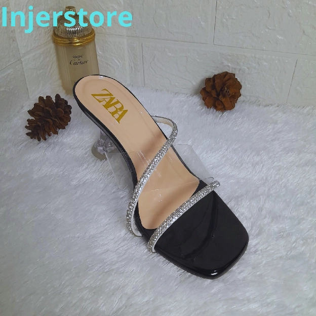 SANDAL HELS MULES TALI SILANG ELEGAN hak kaca 7cm