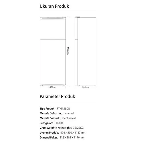 Kulkas 2 Pintu (Refrigerator) Lemari Es Kapasitas 122 Liter FTM155DB Black (Semi Auto Defrost) (Kulk