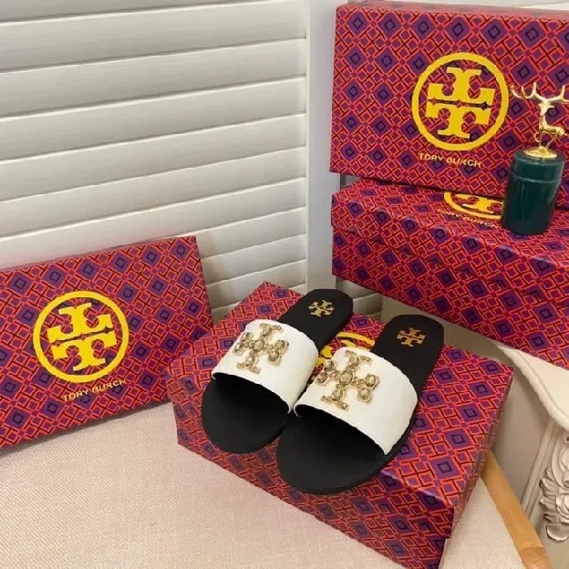 Sandal tory burch new large rhinestones flat slippers wanita