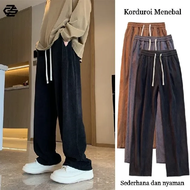 celana corduroy pria celana panjang pria korean style celana pinggang karet oversize pria baggy pant