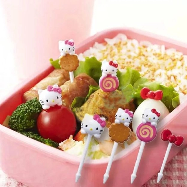 Tusukan Hello Kitty untuk bekal anak, roti, sosis, nugget, buah