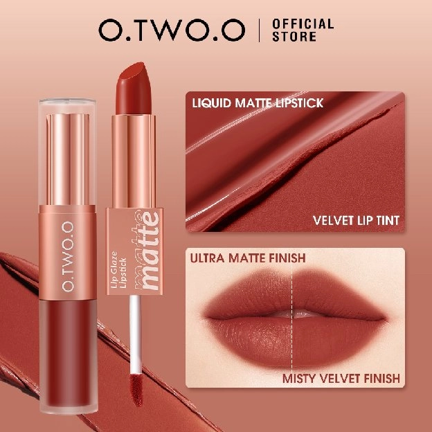 O.TWO.O Lipstick Intense Color Dual-Stick 2 In 1 Liquid Matte Misty Velvet Lip Tint High Pigment Las