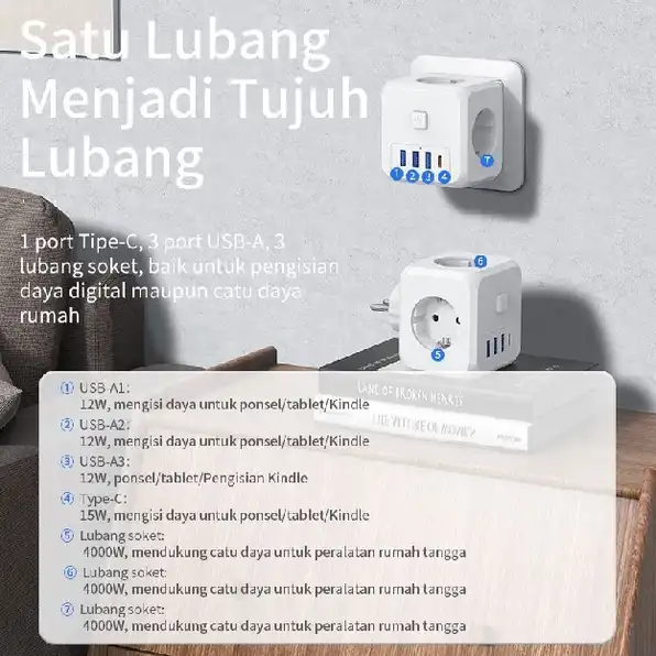 kubus Stop kontak kabel Colokan listrik Colokan 3 lubang Colokan USBx3+Type Cx1 Charge 22.5W