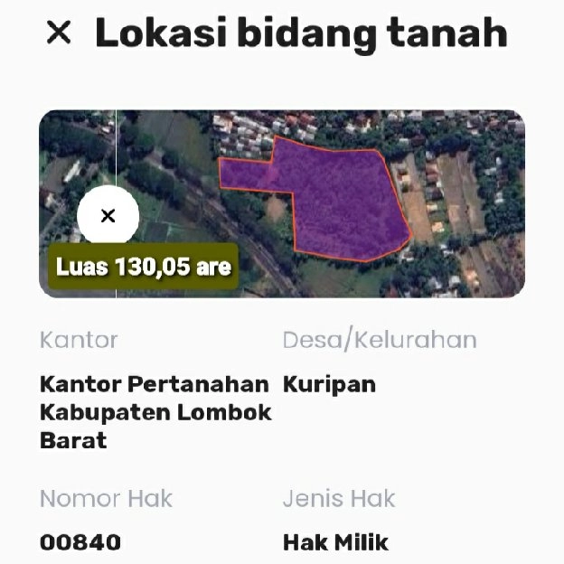 Tanah 1,3 Ha. Jl. Bypass Bandara Int. Lombok Kuripan Lombok Barat NTB