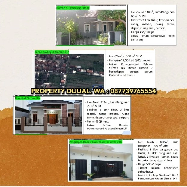 DIJUAL MURAH TANAH, RUMAH, PENGINAPAN DI SLEMAN DIY DAN SEMARANG, JATENG.H: 087739765554