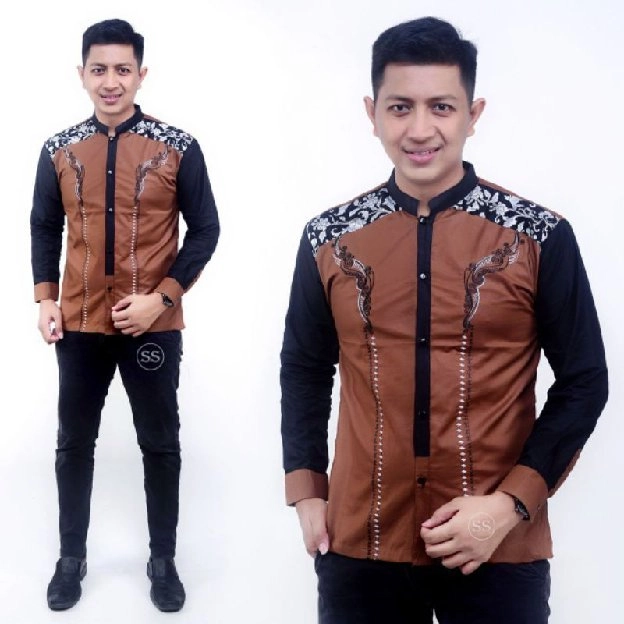 Baju muslim pria modern motif batik kombinasi bordir 