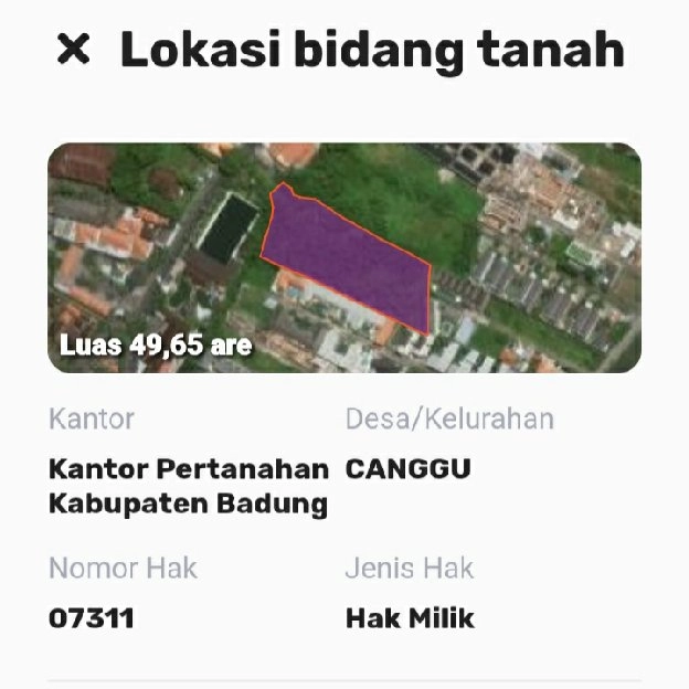 Dijual 51,65 are, Jl. Raya Pantai BATU BOLONG Canggu Kuta Utara