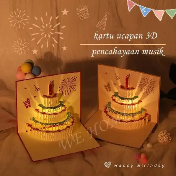 Kartu Ucapan Pop Up 3D ada lampu dan musik Tulisan Happy Birthday dengan Amplop