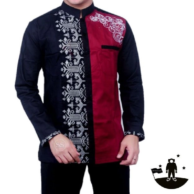 Baju muslim pria modern motif batik kombinasi bordir 