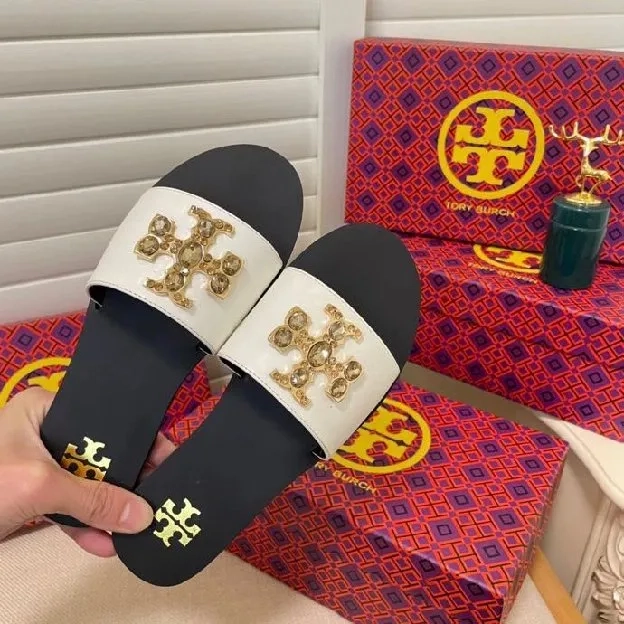 Sandal tory burch new large rhinestones flat slippers wanita