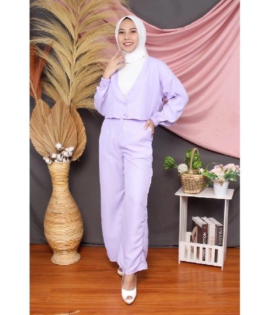 Set Baju Wanita Baju Crop Celana Linen