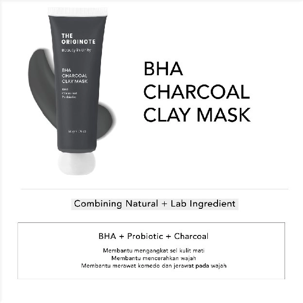 The Originote BHA Charcoal Clay Mask - Masker Wajah Mud Mask Eksfoliasi Mengangkat Sel Kulit Mati Me