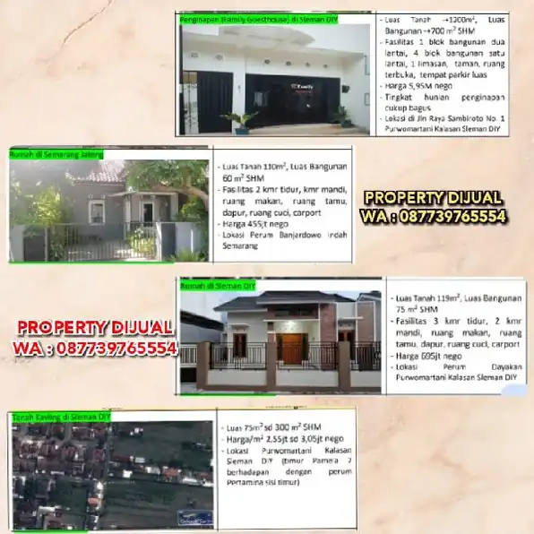 DIJUAL MURAH TANAH, RUMAH, PENGINAPAN DI SLEMAN DIY DAN SEMARANG, JATENG.H: 087739765554