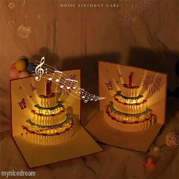 Kartu Ucapan Pop Up 3D Bentuk Kue Ulang Tahun Dengan Lampu + Musik