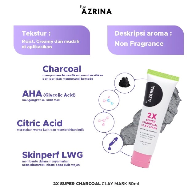 Azrina 2x Super Charcoal Clay Mask - Masker Wajah Brightening Wanita Pria Untuk Mengurangi Komedo