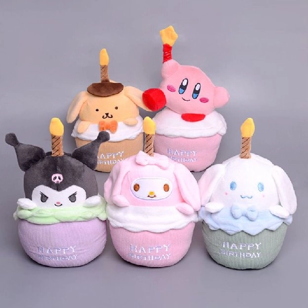 New Sanrio Cartoon Birthday Cake Shape Kuromi Melody with Musical Candle Plush