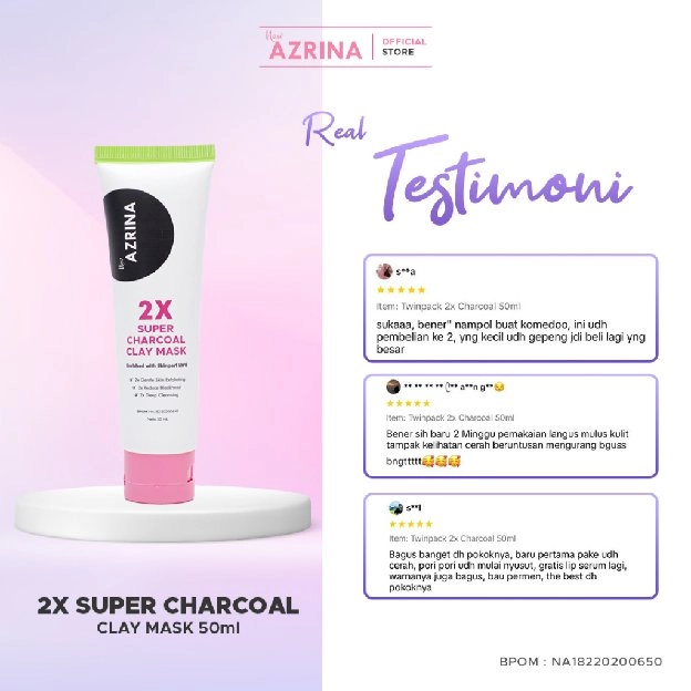 Azrina 2x Super Charcoal Clay Mask - Masker Wajah Brightening Wanita Pria Untuk Mengurangi Komedo