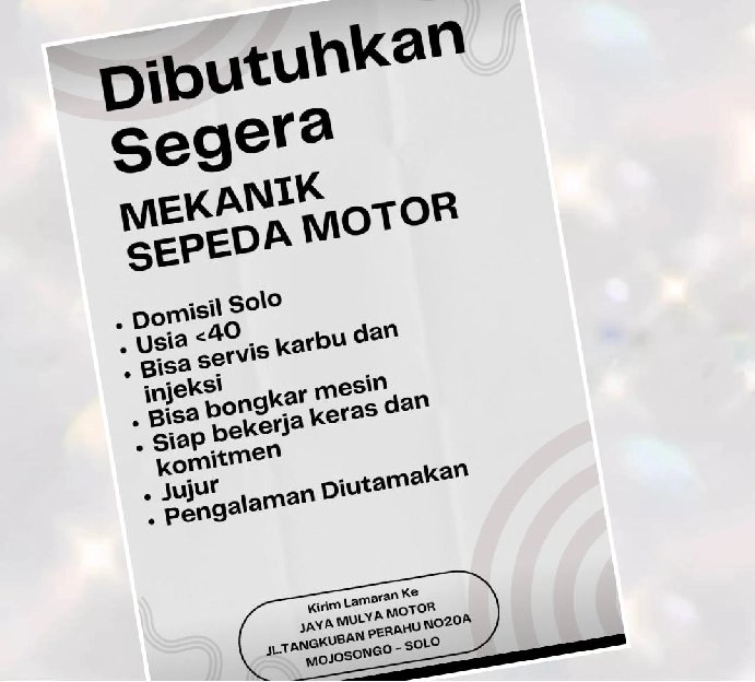 DIBUTUHKAN SEGERA !!!** MEKANIK SEPEDA MOTOR **