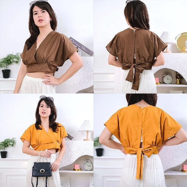 Baju Blouse Wanita Linen Crop