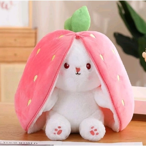 Boneka Kelinci Strawberry wortel mainan flip lucu mewah telinga panjang buah bunny rabbit Bahan Halu