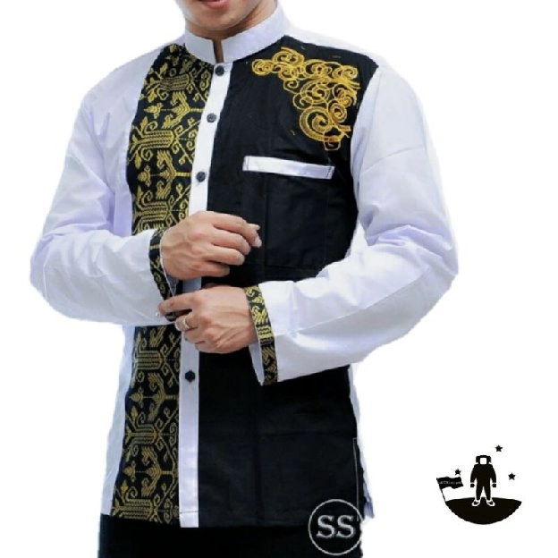 Baju muslim pria modern motif batik kombinasi bordir 