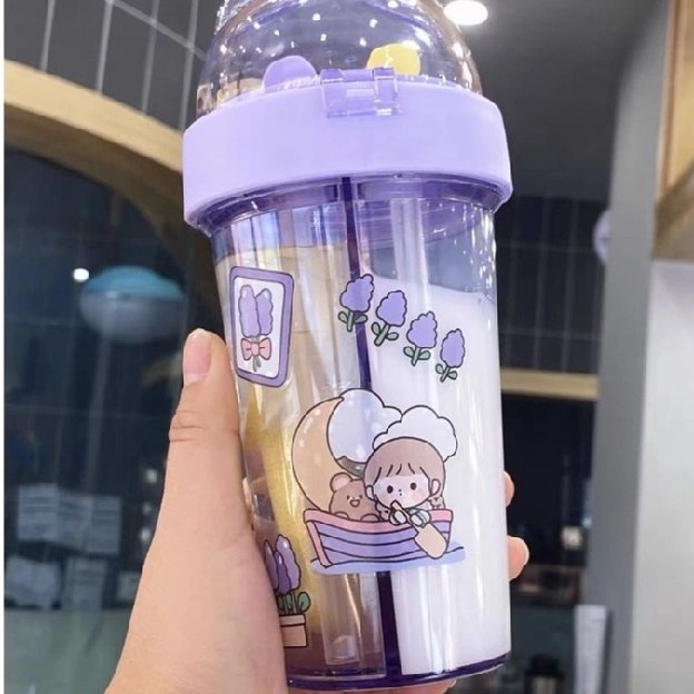 Botol Minum 420ml Air Sedotan 2 Sisi Sekat Free Stiker 2d Bpa Free Duet Couple Bottle Travel