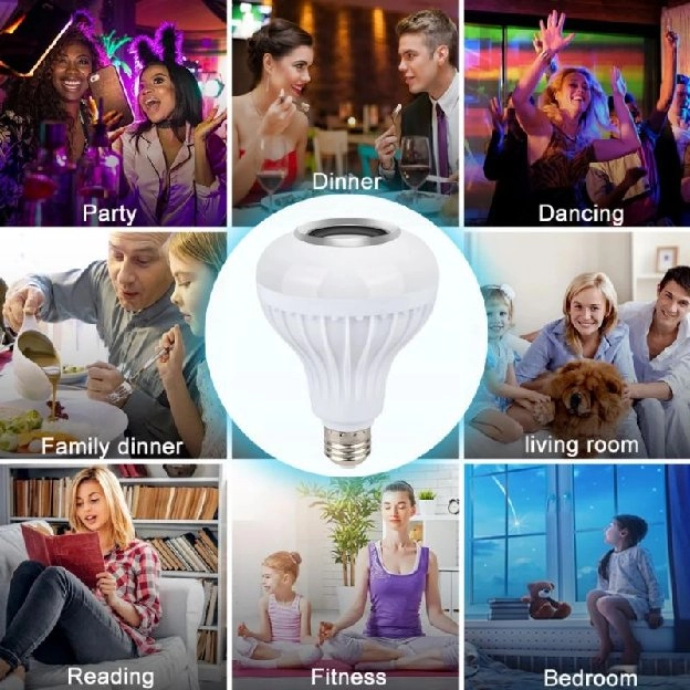 Lampu Bohlam warna warni Speaker Bluetooth wireless LED RGB remote E27 Hias kamar tidur Music disco