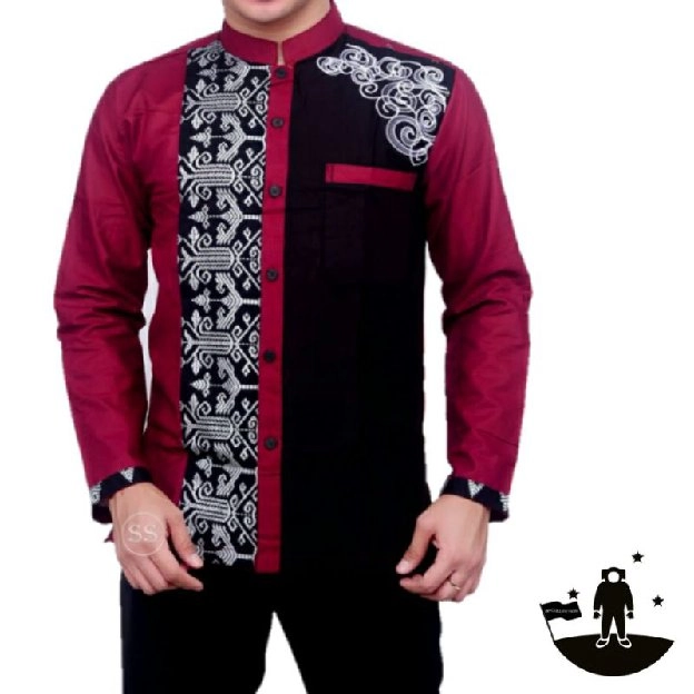 Baju muslim pria modern motif batik kombinasi bordir 