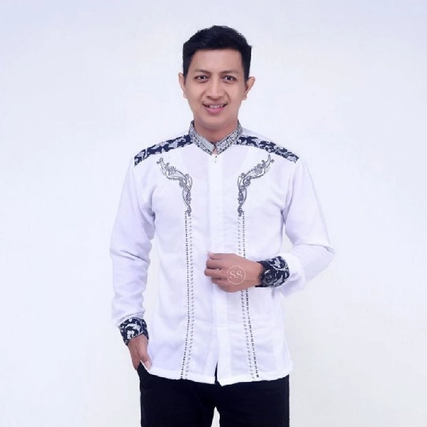 Baju muslim pria modern motif batik kombinasi bordir 