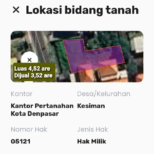 Dijual 3,52 are, Jl. Sedap Malam Kesiman Sanur Renon Denpasar