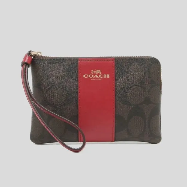 Coach Corner Zip Wristlet In Signature Canvas - Red Brown (CH 58035)