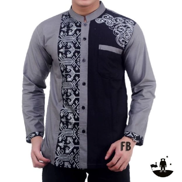 Baju muslim pria modern motif batik kombinasi bordir 