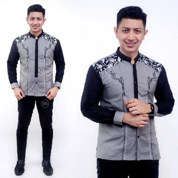 Baju muslim pria modern motif batik kombinasi bordir 