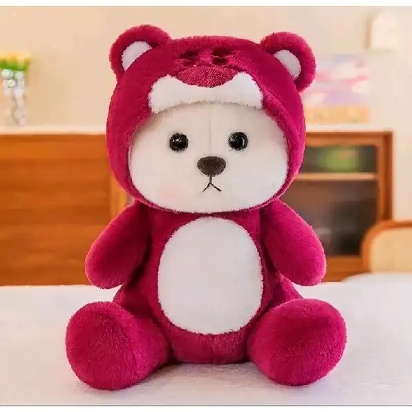 Boneka Teddy bear Hoodie kupluk costum Stitch, Lotso Merah dan Lotso Maroon bahan halus