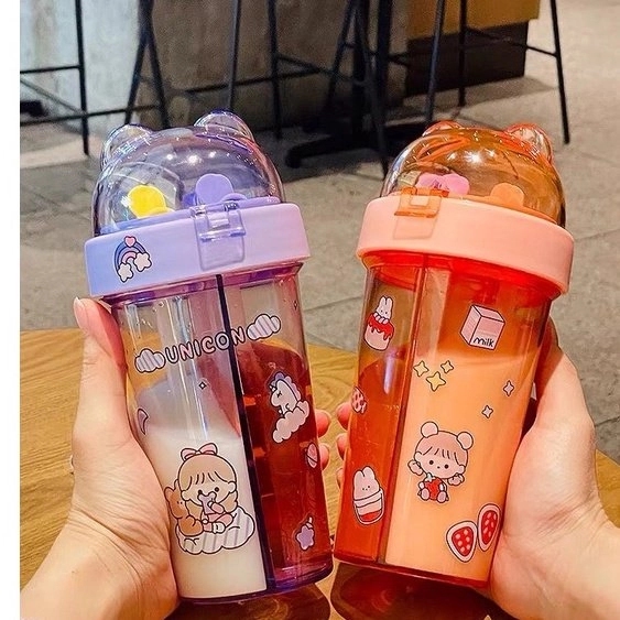 Botol Minum 420ml Air Sedotan 2 Sisi Sekat Free Stiker 2d Bpa Free Duet Couple Bottle Travel