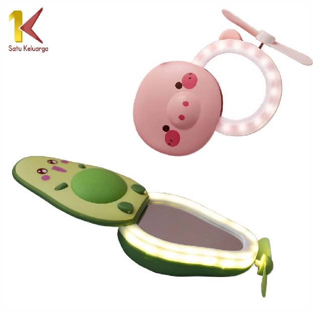 Cermin Lampu Led K36 Cermin Make Up LED 3in1 USB Charger Mini Fan Kipas Karakter Portable Kaca Rias 