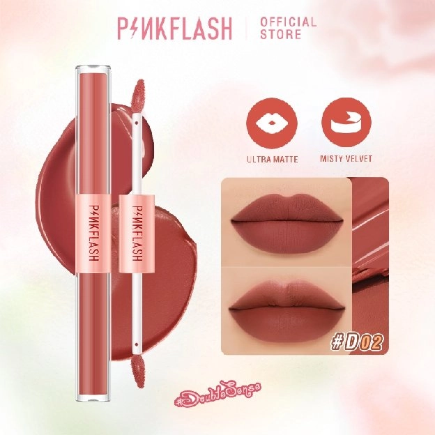 PINKFLASH 2 IN 1 Double Effect Lipstik Ombrelips Liquid Matte Velvet Lipstick Lightweight High Pigme