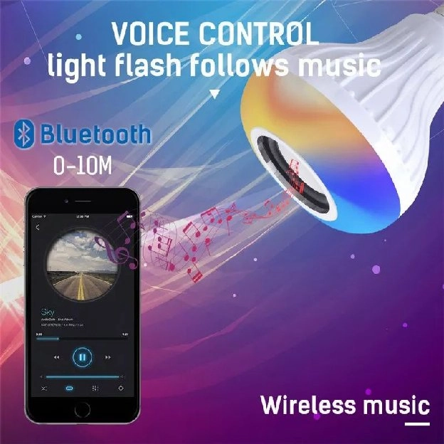 Lampu Bohlam warna warni Speaker Bluetooth wireless LED RGB remote E27 Hias kamar tidur Music disco