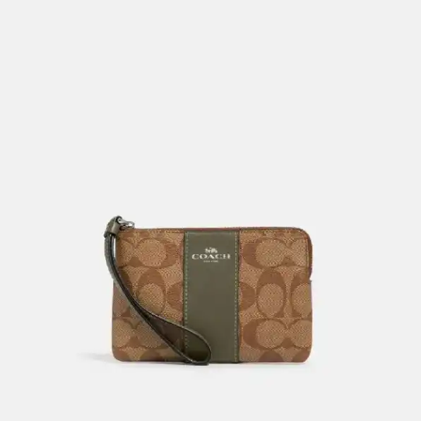 Coach Corner Zip Wristlet In Signature Canvas - Khaki Green (CH 58035)