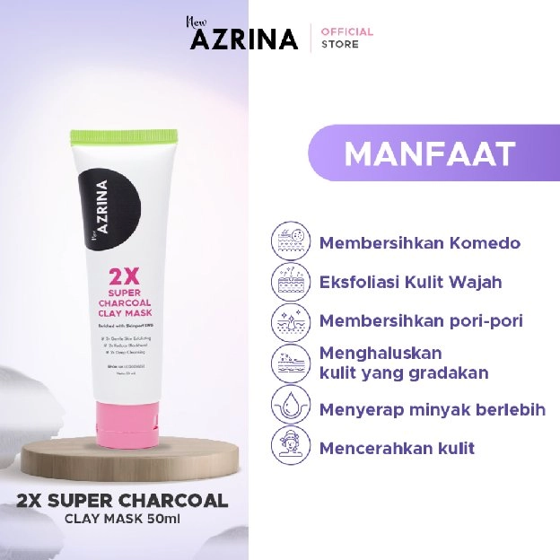 Azrina 2x Super Charcoal Clay Mask - Masker Wajah Brightening Wanita Pria Untuk Mengurangi Komedo