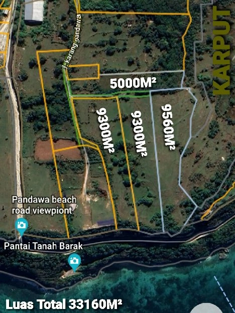 Dijual 3,316 Ha. FRONT BEACH Jl. Karang Pandawa Pantai Tanah Barak Kutuh Kuta Selatan