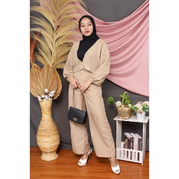 Set Baju Wanita Baju Crop Celana Linen