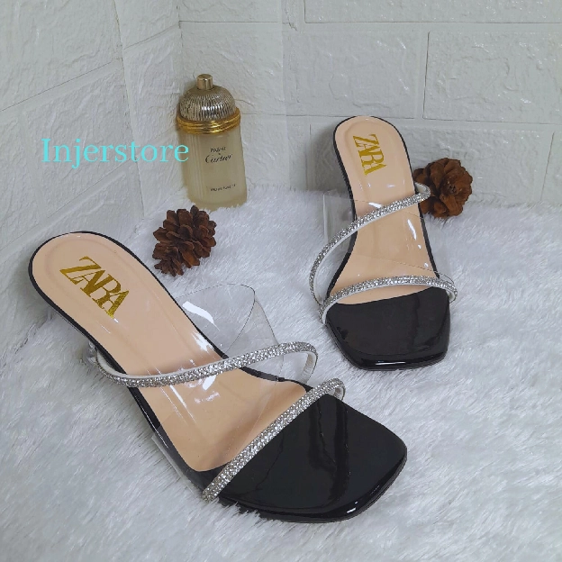 SANDAL HELS MULES TALI SILANG ELEGAN hak kaca 7cm