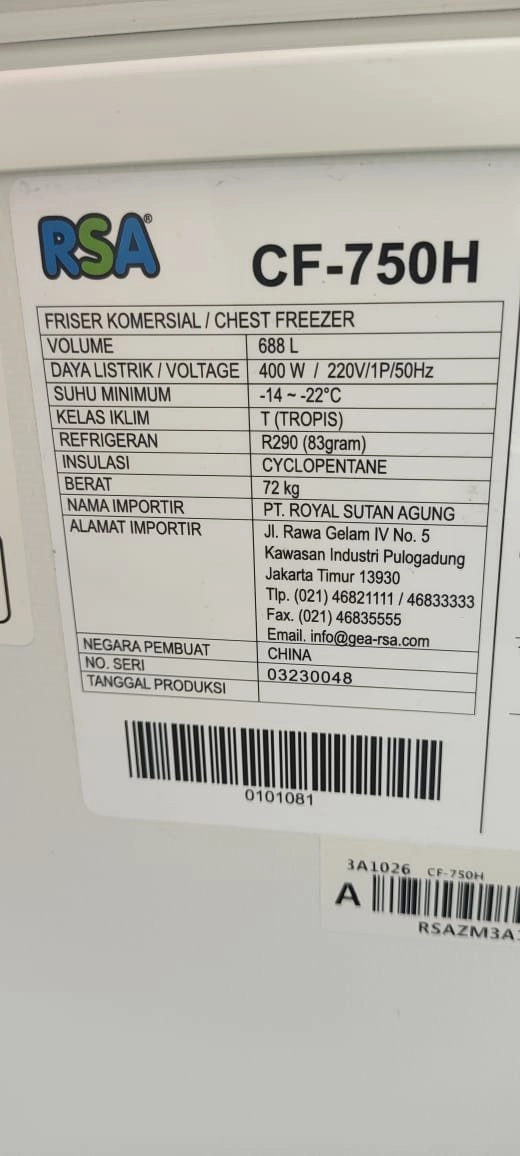 Cuci gudang unit New RSA Chest Freezer CF750H