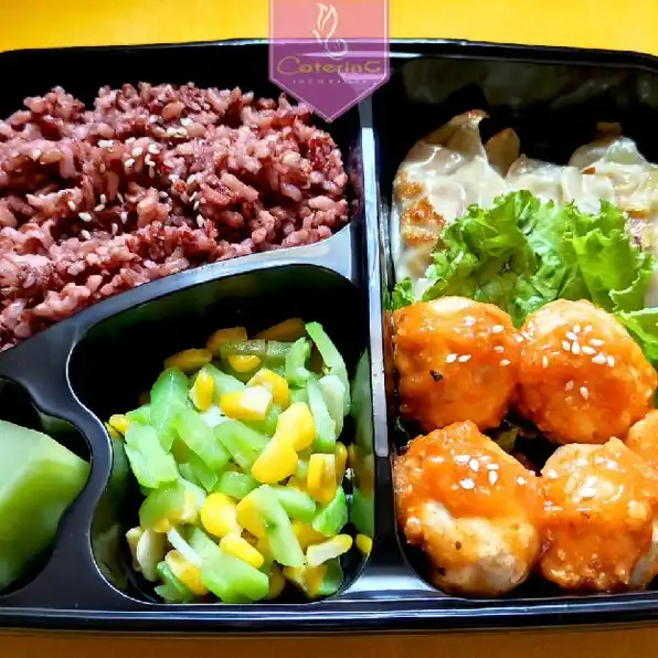 Healthy Lunch Catering. Nasi Merah. Chicken Meatball and Dumpling. Mix Vegetable and Fresh Fruit ☺